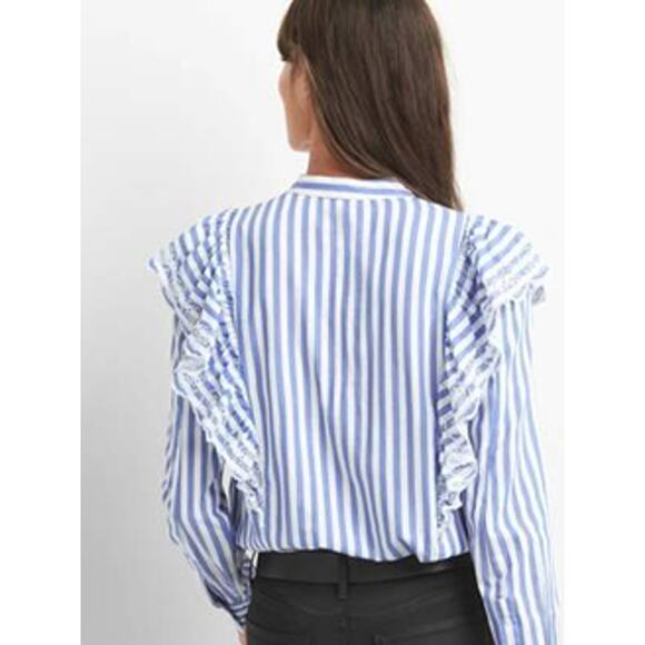 Gap Stripe Eyelet Cascade Ruffle Long Sleeve Button Up Shirt Blue/White XS - Picture 4 of 10
